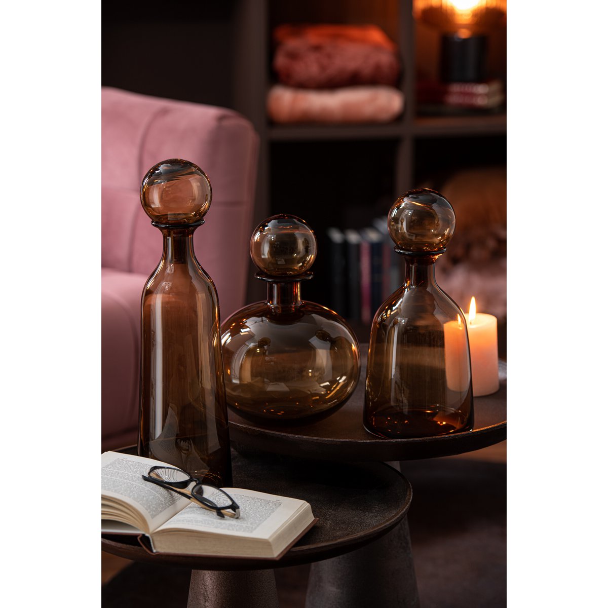 J-Line Bouteille+Bouchon Uni Décoratif Haut Verre Marron Grand